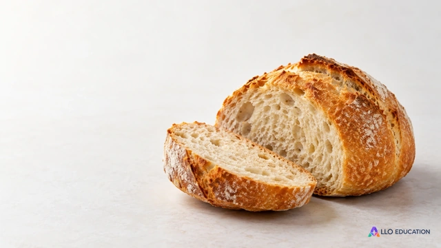 Une petite miche de pain coupée révèle sa mie et sa croûte, avec une tranche sur fond clair, sans inscription.