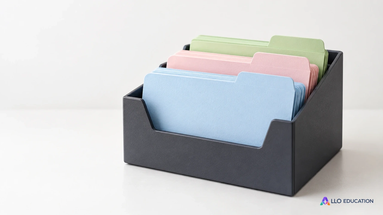 Un casier de bureau contient des cartes vierges de trois couleurs, sans noms ni inscription.