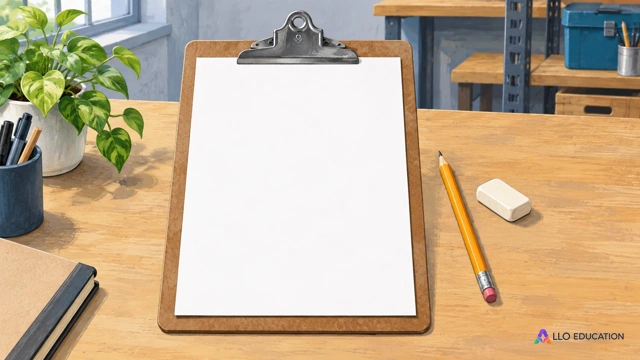 Une planchette à pince et une feuille vierge avec un crayon et une gomme, sans chiffres ni inscription.