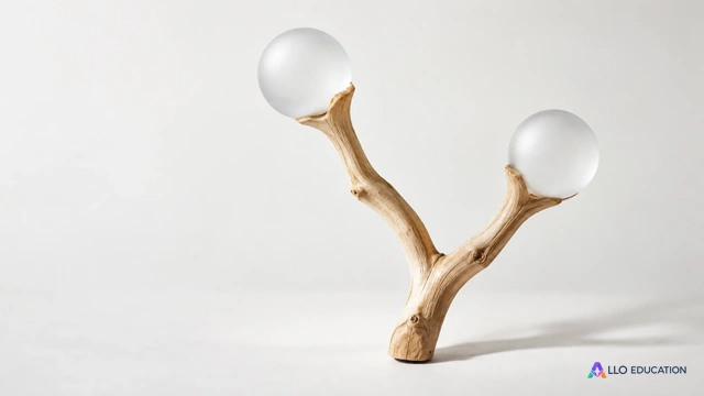 Une branche entière de bois clair se divise en deux et porte deux sphères de verre dépoli ; cet objet éditorial évoque des ramifications sans représenter des poumons réels.