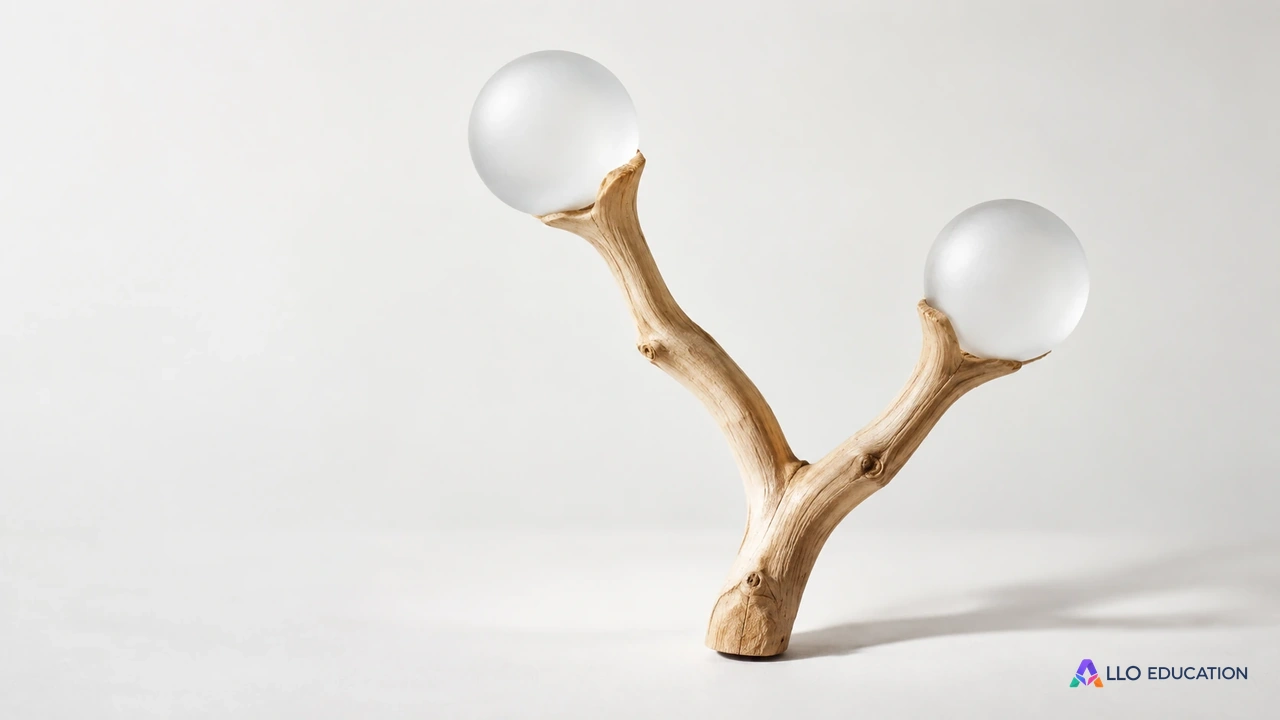 Une branche entière de bois clair se divise en deux et porte deux sphères de verre dépoli ; cet objet éditorial évoque des ramifications sans représenter des poumons réels.