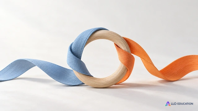 Un anneau de bois entier entouré de rubans bleu et orange évoque une boucle de régulation ; cette métaphore muette ne représente ni organe ni circuit biologique réel.
