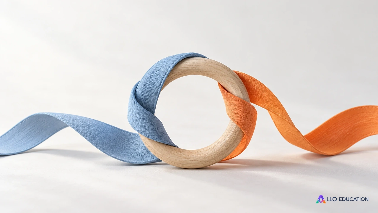 Un anneau de bois entier entouré de rubans bleu et orange évoque une boucle de régulation ; cette métaphore muette ne représente ni organe ni circuit biologique réel.