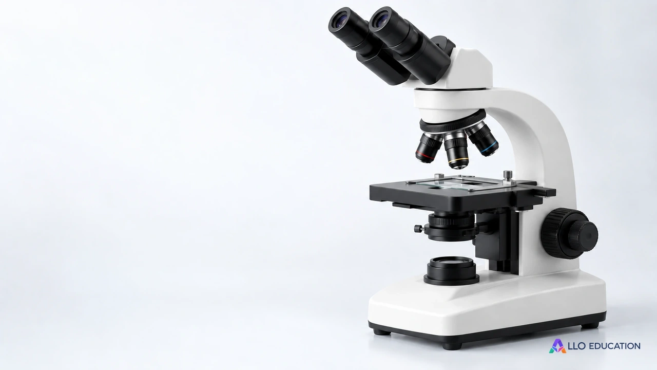 Un microscope optique entier et sans inscription sur fond clair évoque l’étude des cellules et des tissus ; aucune coupe ni observation clinique n’est montrée.