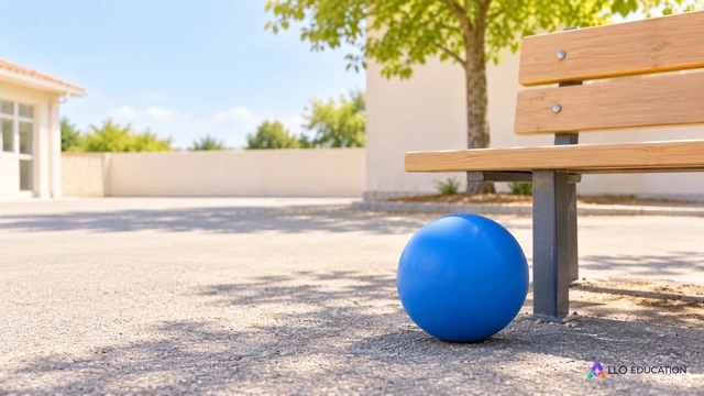 Un ballon bleu entier posé près d’un banc vide ouvre une situation de jeu et de mouvement ; aucune structure anatomique ni blessure ne se lit dans cette image éditoriale.