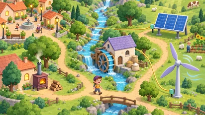 Un enfant prépare la fête d’un village avec un panneau solaire, une éolienne, un moulin entraîné par l’eau et un poêle alimenté par du bois.