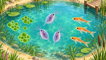 Dans une mare turquoise bordée de roseaux, des microalgues vertes, des daphnies mauves aux antennes ramifiées et de jeunes poissons orange vivent ensemble.