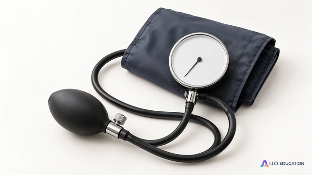 Un brassard et une poire de tensiomètre neutre annoncent l’étude de la pression, sans fournir de mesure.