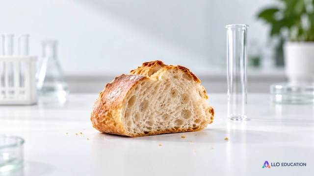 Un morceau de pain et un tube de laboratoire neutre annoncent l’étude de la transformation des aliments.
