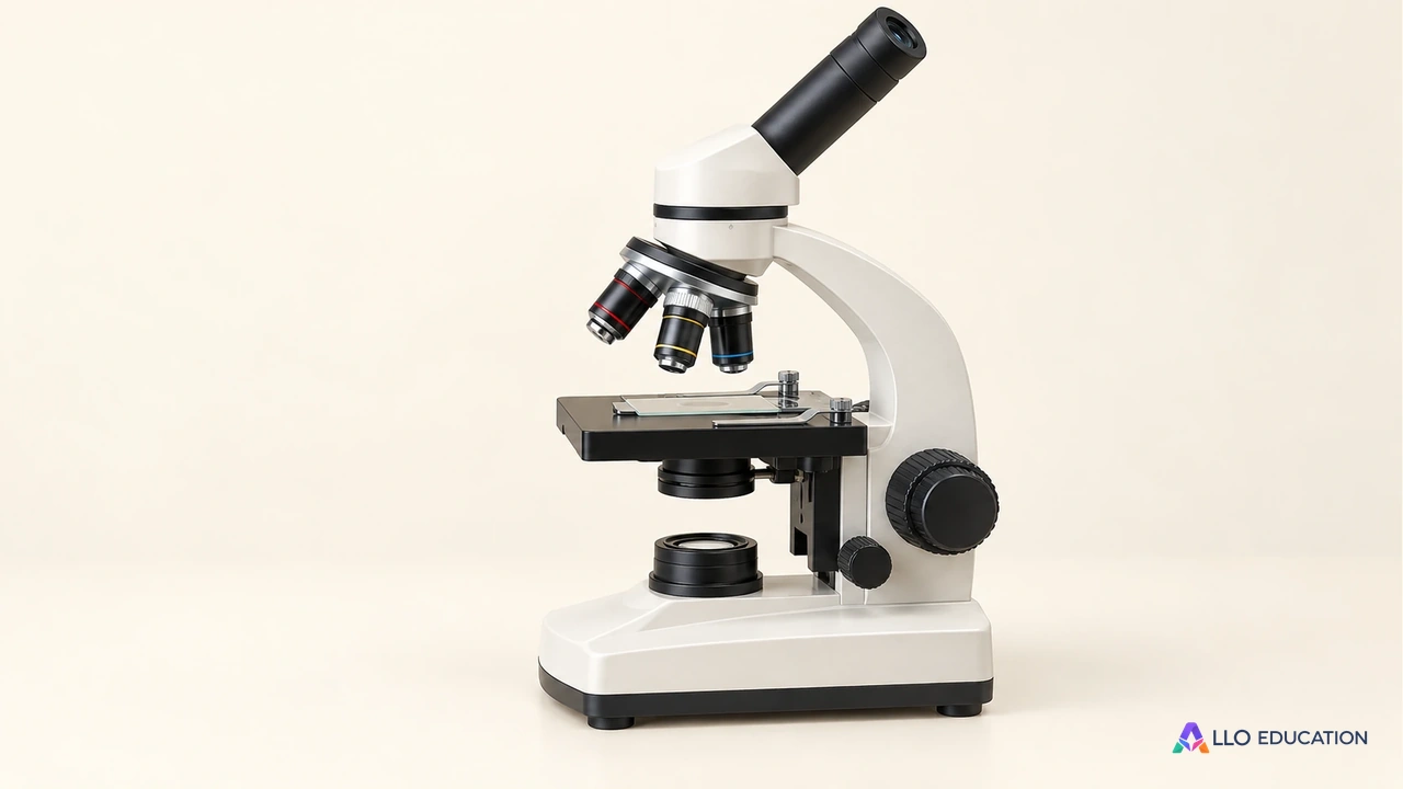 Un microscope optique isolé avec une lame de verre transparente sur sa platine.