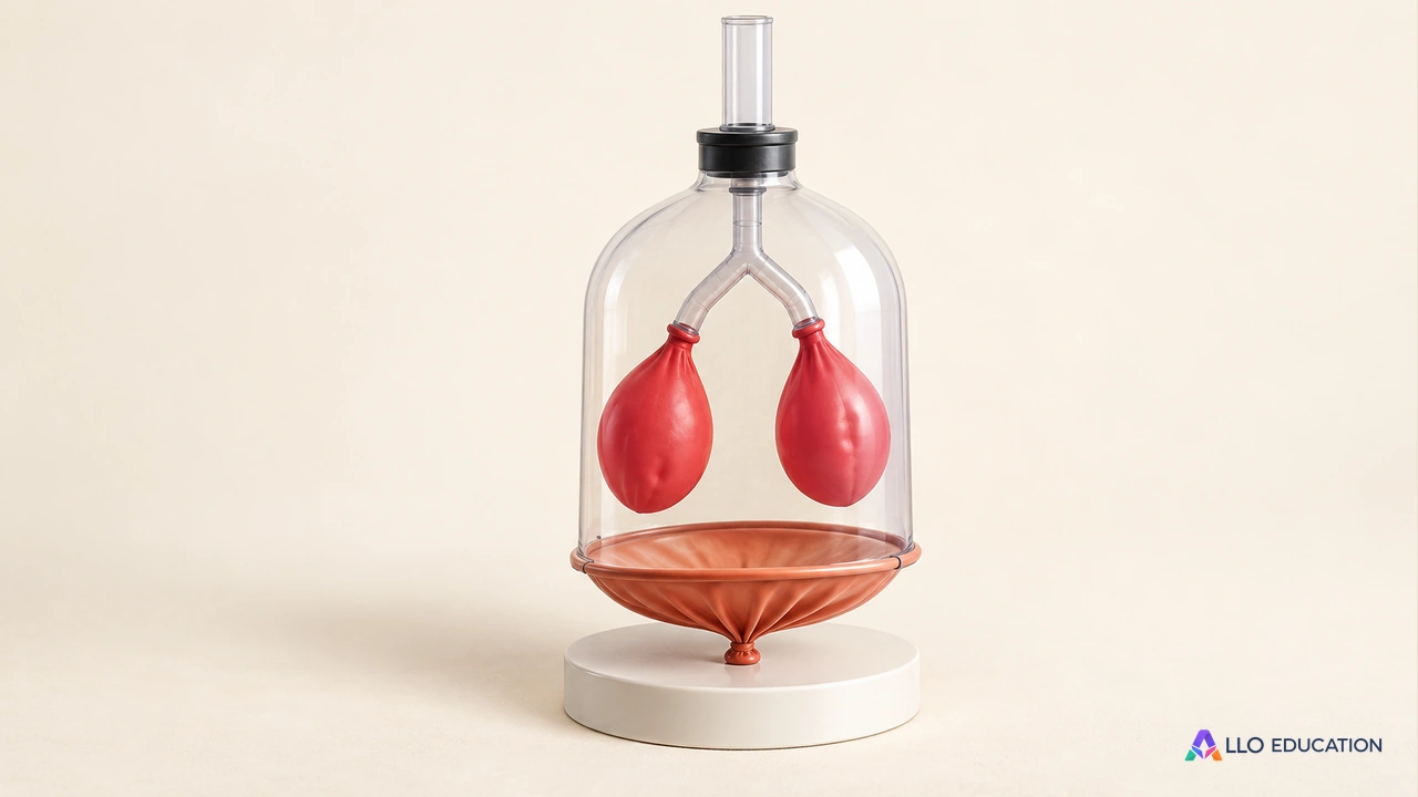 Un modèle scolaire de ventilation transparent contenant deux ballons reliés à un tube en Y, présenté seul.
