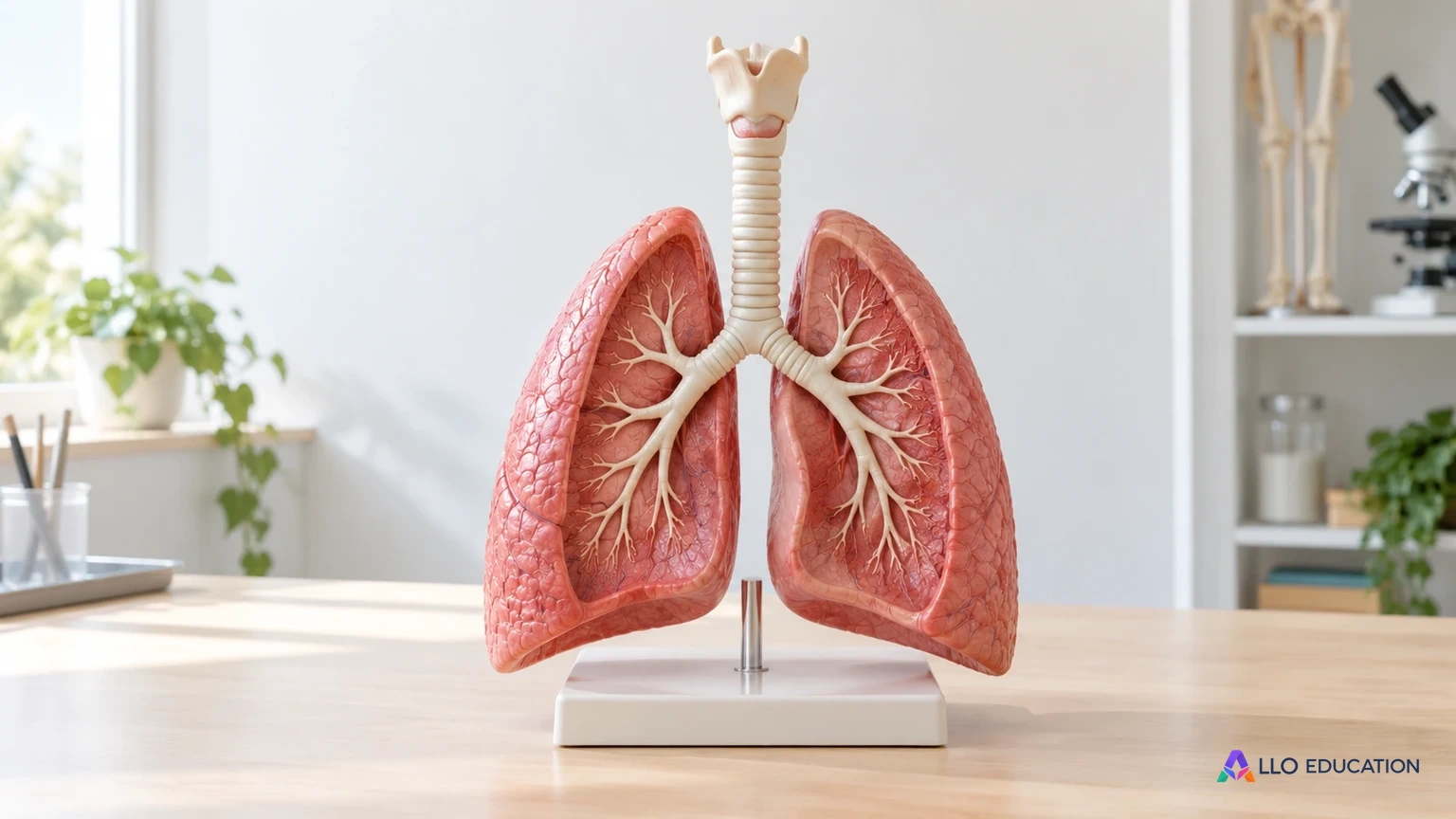 Un modèle scolaire de poumons et de bronches sur une table claire évoque les trajets de l’air et les échanges respiratoires.
