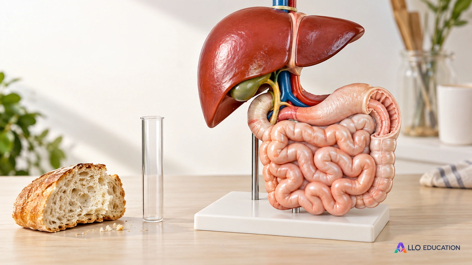 Modèles du foie et de l’intestin près d’un aliment et d’un tube d’expérience, pour situer digestion et nutrition.