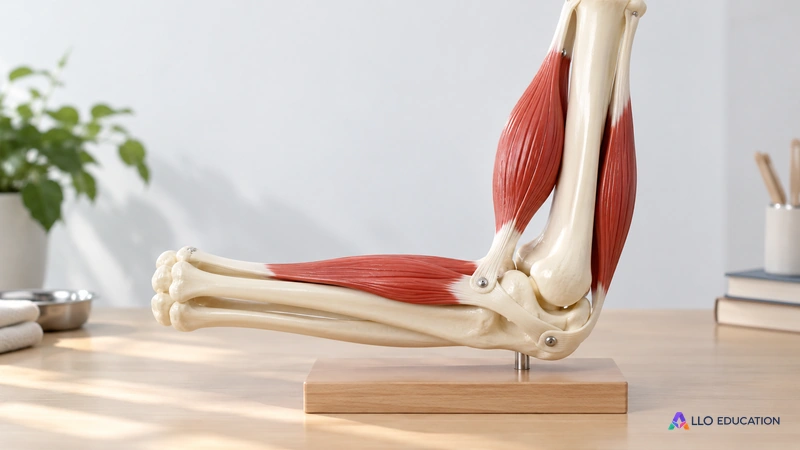 Modèle pédagogique du coude fléchi, avec os articulés et deux muscles antagonistes représentés par des bandes.