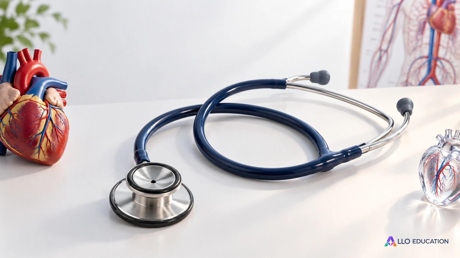 Un stéthoscope muet sur fond clair évoque l’étude de la circulation.